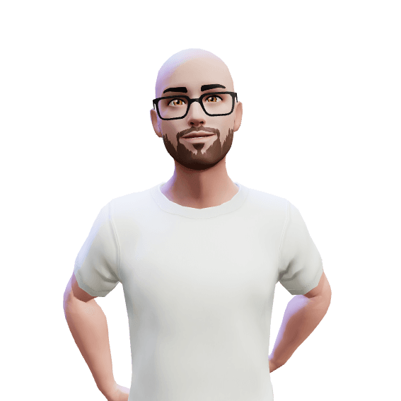 3d digital representation of smiling bald bearded man with glasses (me) 