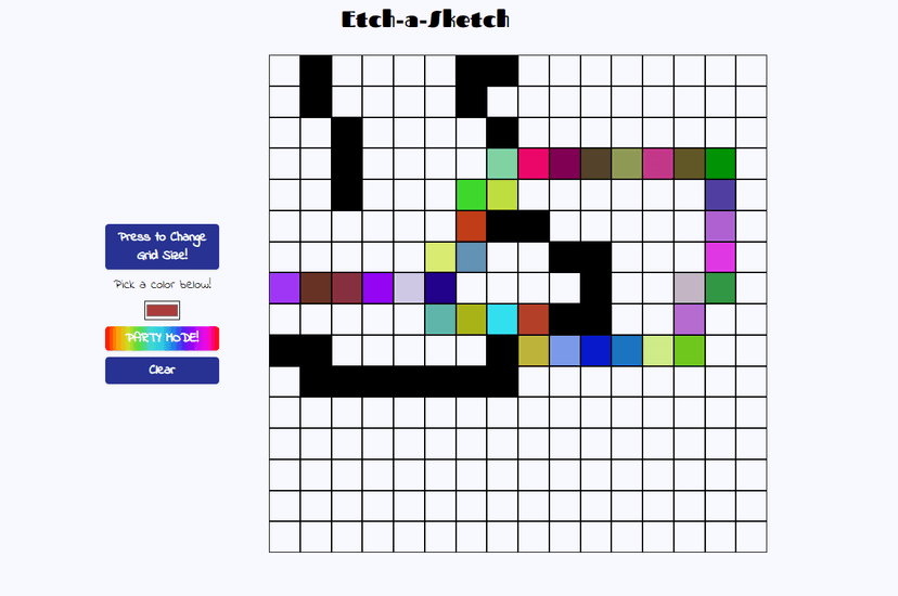 a 16 by 16 grid of squares with some squares colored randomly and some squares colored black. On the left side are buttons to change the color, clear the grid, change the grid size, or enable a random color mode.